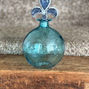 Blue Glass Perfume Bottle with Fleur-de-Lis Stopper